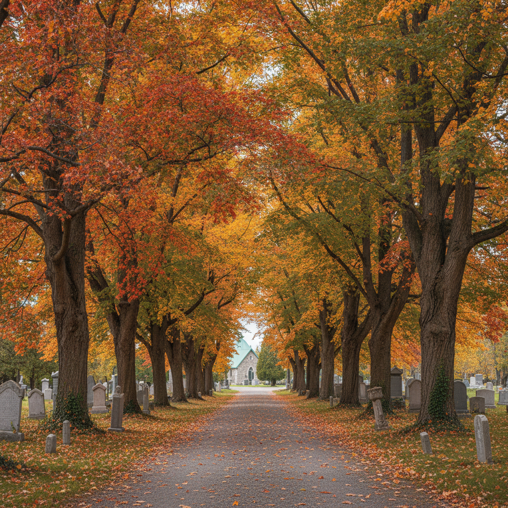 Allée bordée d'arbres dans un cimetière québécois à l'automne