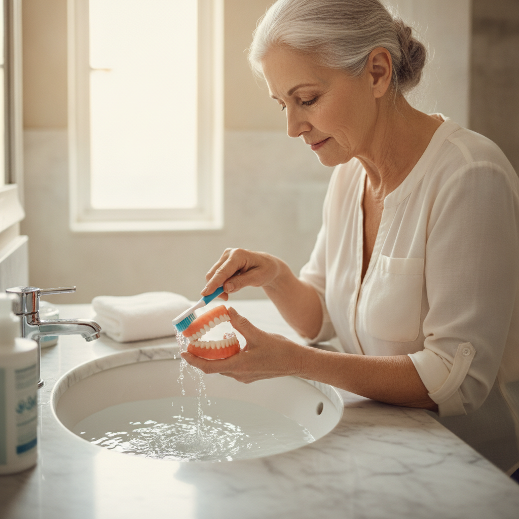 Entretien prothèse dentaire au lavabo avec une brosse à poils souples et un savon non abrasif