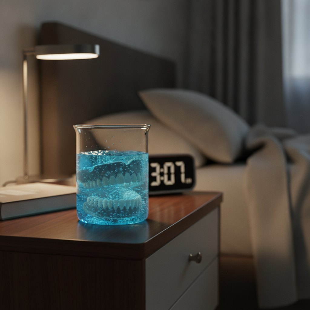 Prothèse dentaire complète qui trempe dans un verre de solution nettoyante pour la nuit