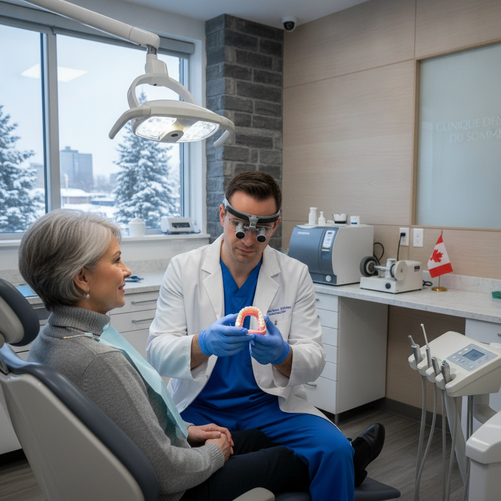 Denturologiste qui vérifie une prothèse dentaire amovible lors d'un examen annuel en clinique