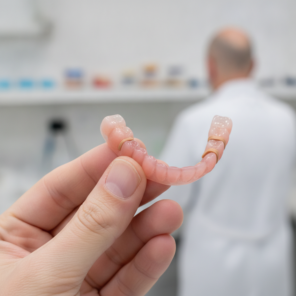 Prothèse partielle flexible en nylon Valplast tenue dans une main, sans crochets métalliques visibles