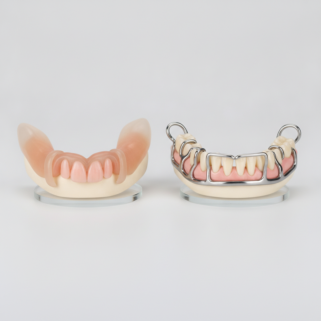 Comparaison entre une prothèse souple sans métal et une prothèse partielle à crochets métalliques