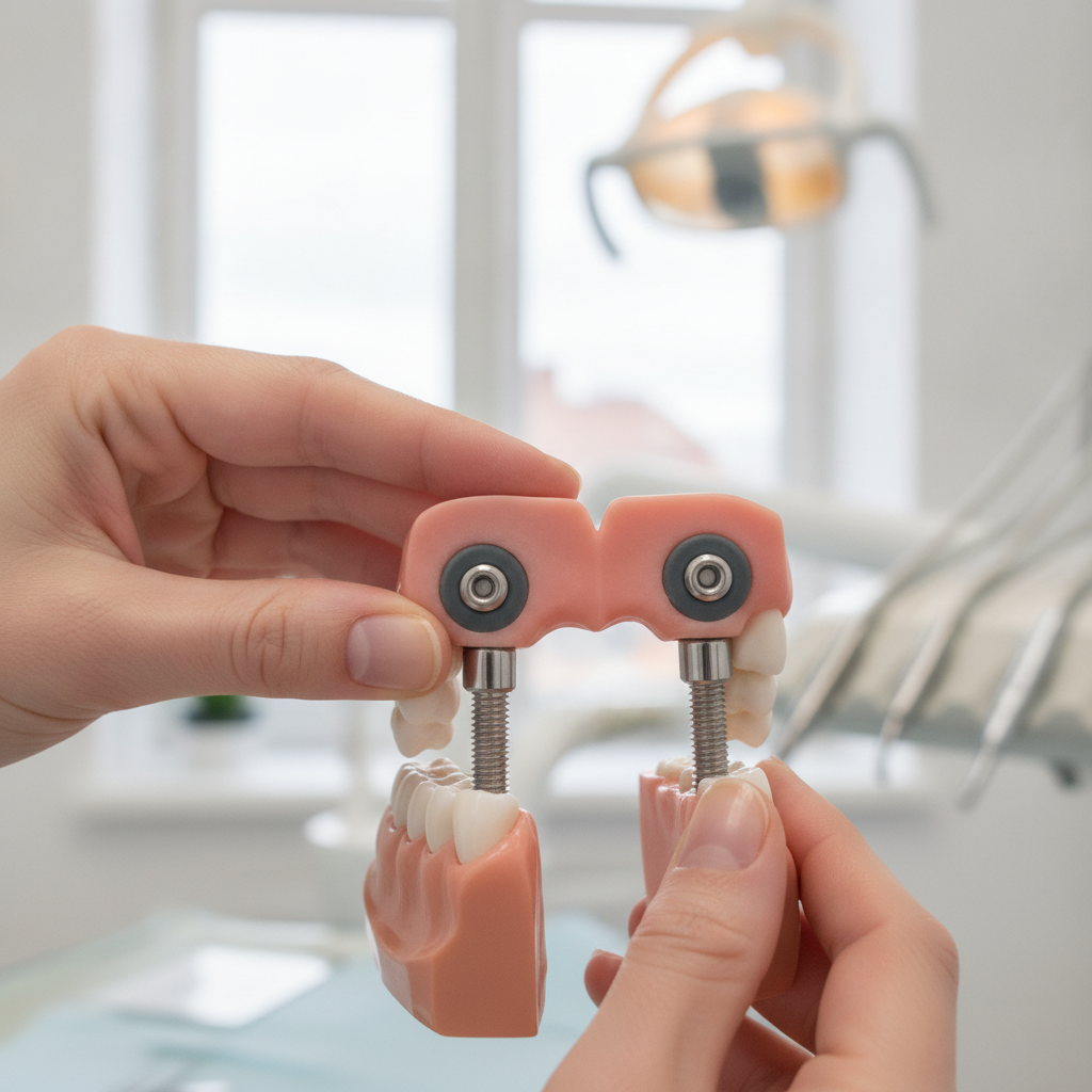 Denturologiste montrant les deux boutons pression fixés sur des implants dans la mâchoire inférieure