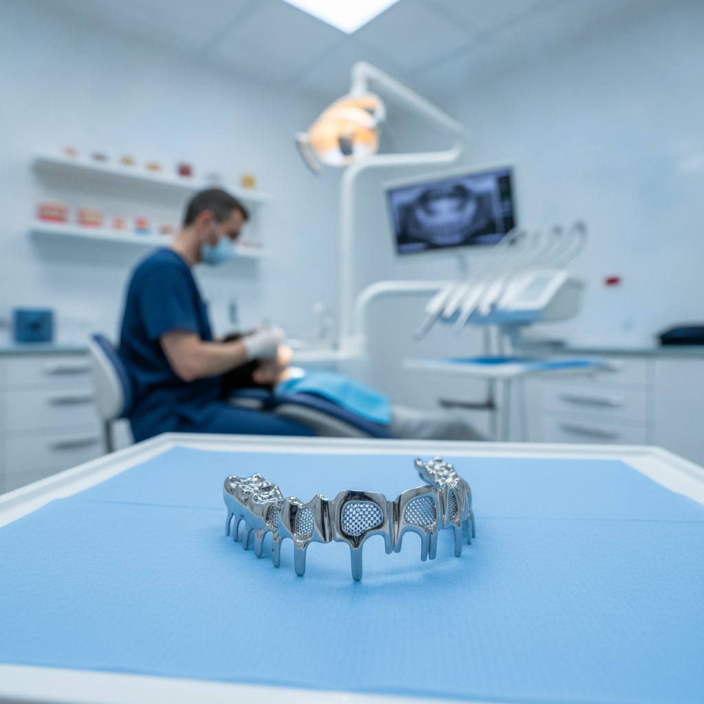 Prothèse partielle vitallium avec armature métallique fine posée sur un modèle dentaire de denturologie
