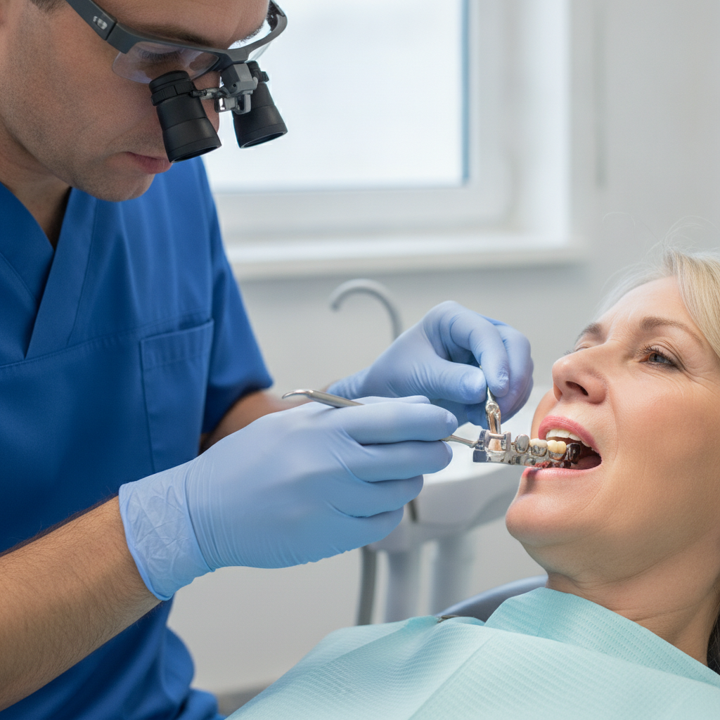 Denturologiste ajustant une prothèse partielle rigide à armature métallique dans la bouche d'un patient