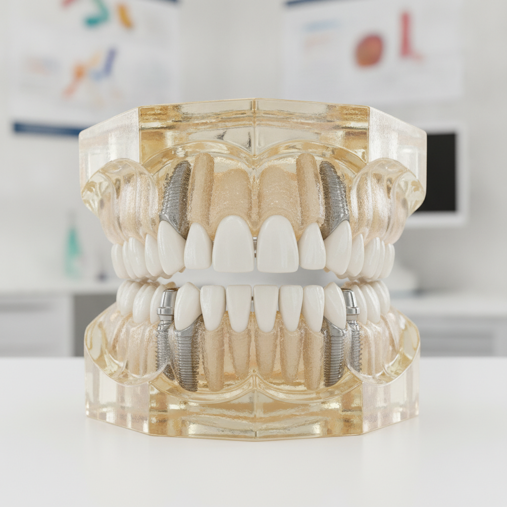 Prothèse hybride sur implants fixée sur une arcade complète pour remplacer toutes les dents du haut