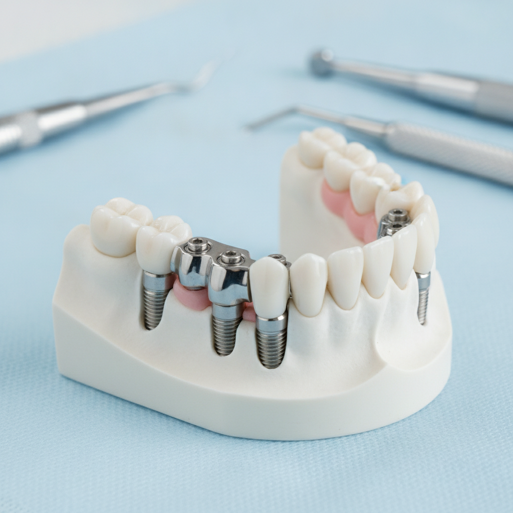 Prothèse fixe vissée sur implants dans la mâchoire inférieure présentée sur un modèle dentaire