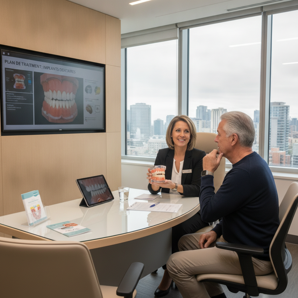 Denturologiste expliquant le plan de traitement d'implants dentaires à une patiente au Québec