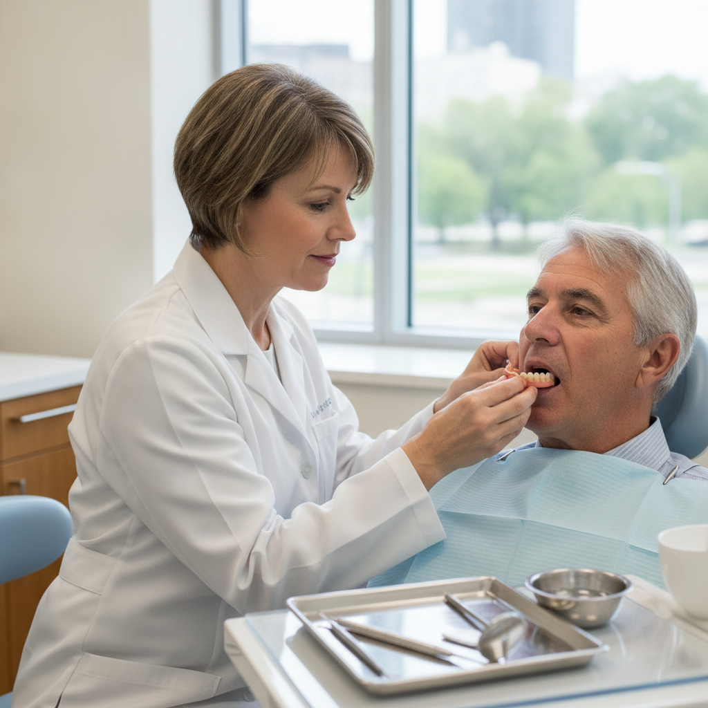 Prothèse dentaire temporaire posée par un denturologiste lors d'un rendez-vous d'ajustement en clinique