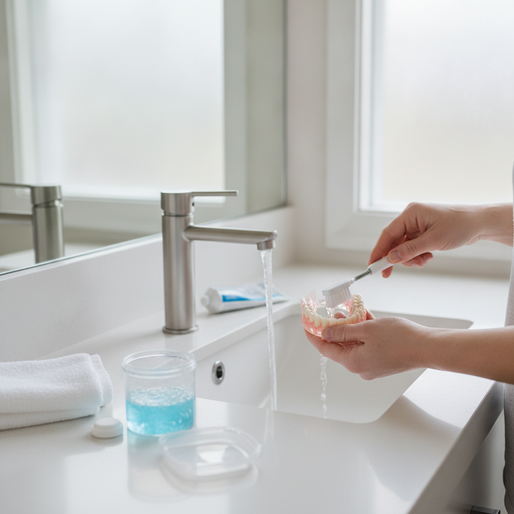 Nettoyage d'une prothèse transitoire amovible avec une brosse et une solution d'entretien au quotidien