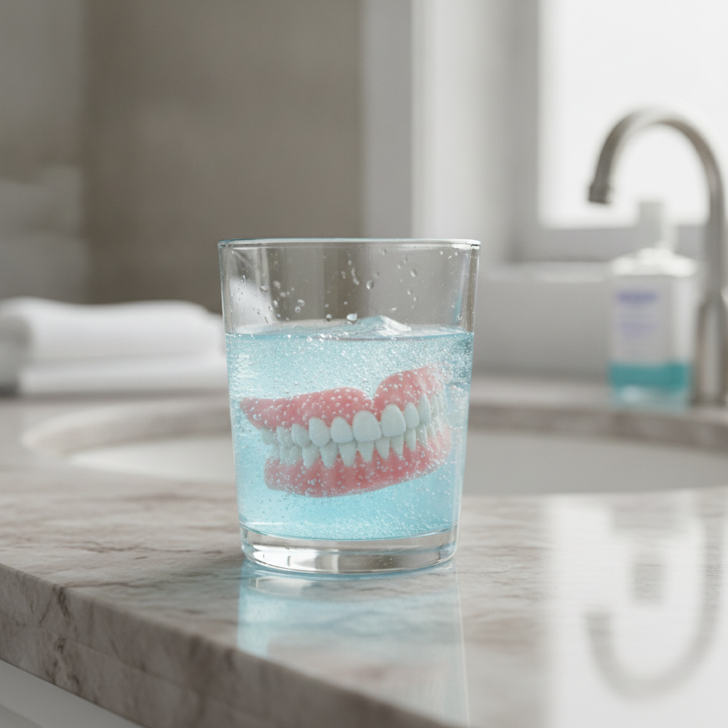 Overdenture qui trempe dans un verre de solution nettoyante sur le comptoir
