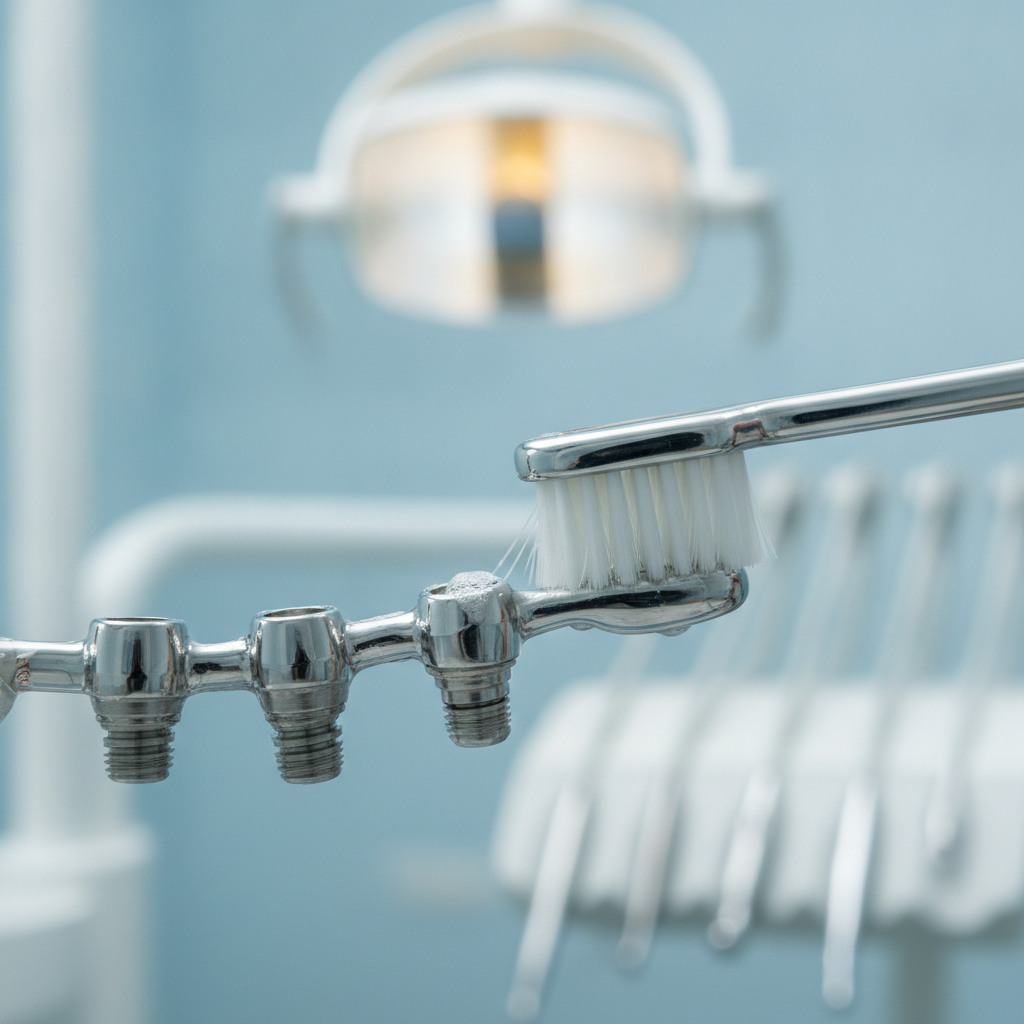 Gros plan sur une barre d'implants nettoyée avec une brosse souple