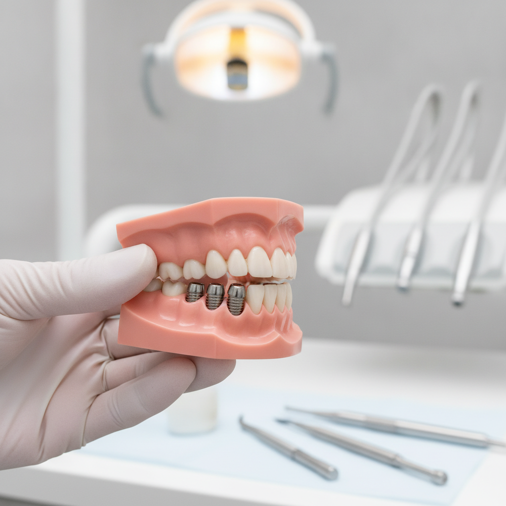 Prothèse fixe vissée installée sur des implants dentaires en titane pour remplacer des dents