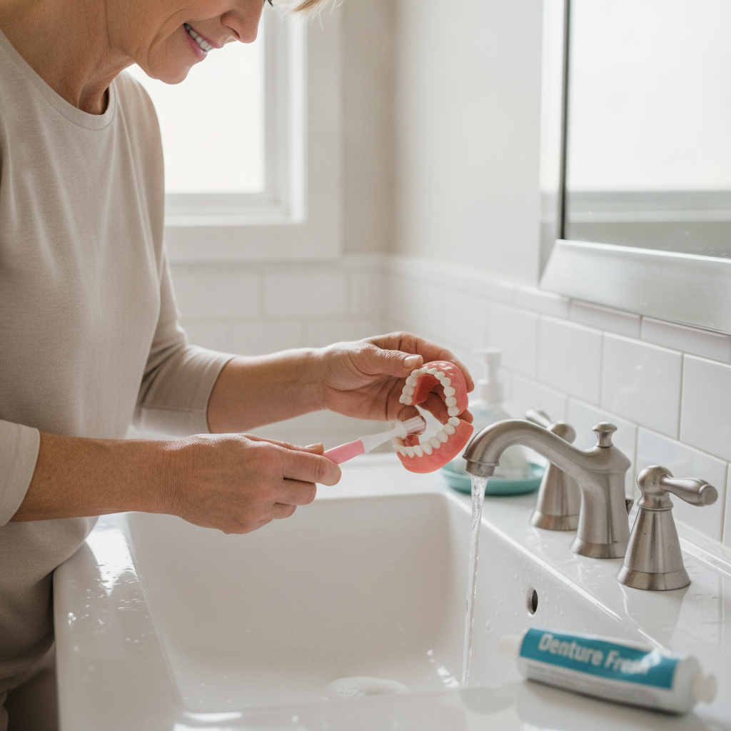 Erreurs nettoyage dentier illustrées par un brossage doux de la prothèse au-dessus du lavabo