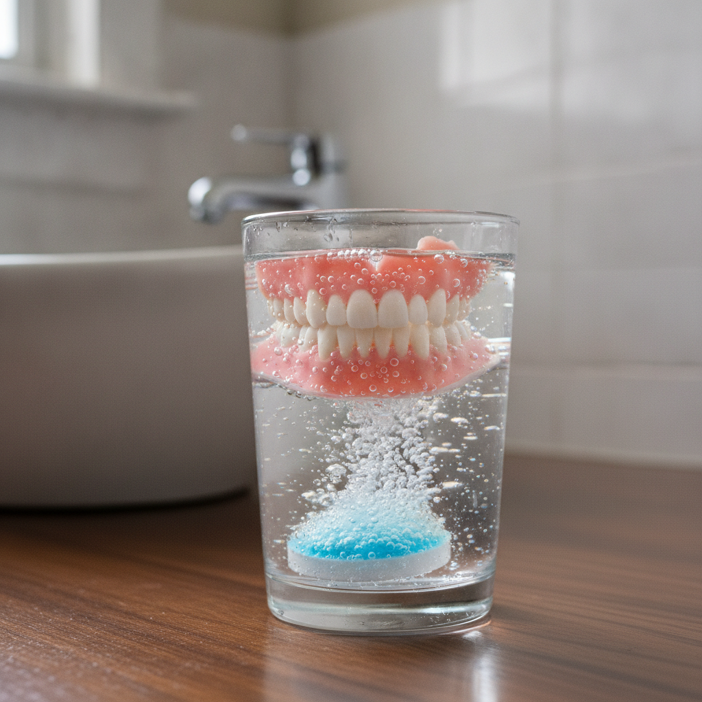 Prothèse dentaire qui trempe dans un verre d'eau tiède avec une pastille nettoyante effervescente