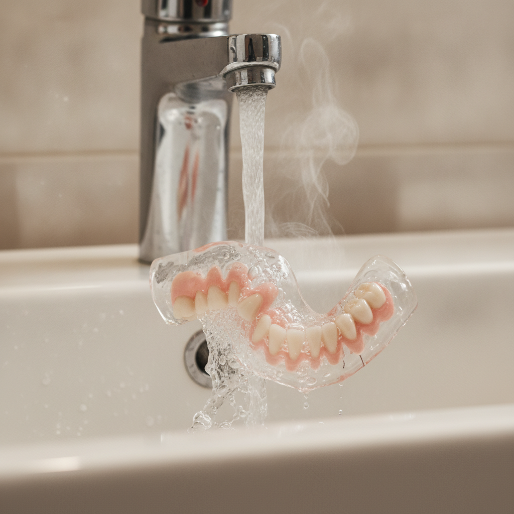 Eau chaude du robinet qui déforme un dentier en acrylique, un geste à éviter absolument