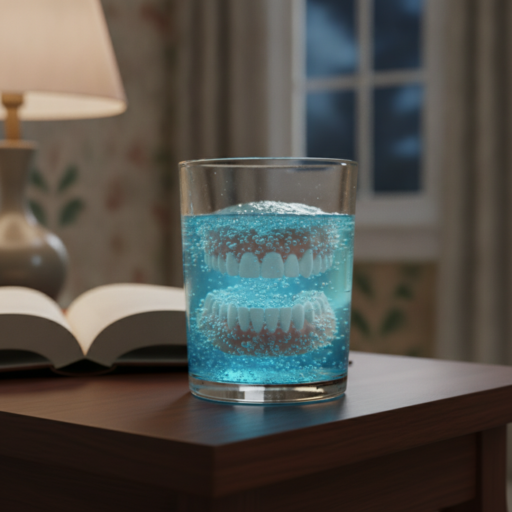 Dentier complet qui trempe toute la nuit dans un verre avec une solution nettoyante pour prothèses