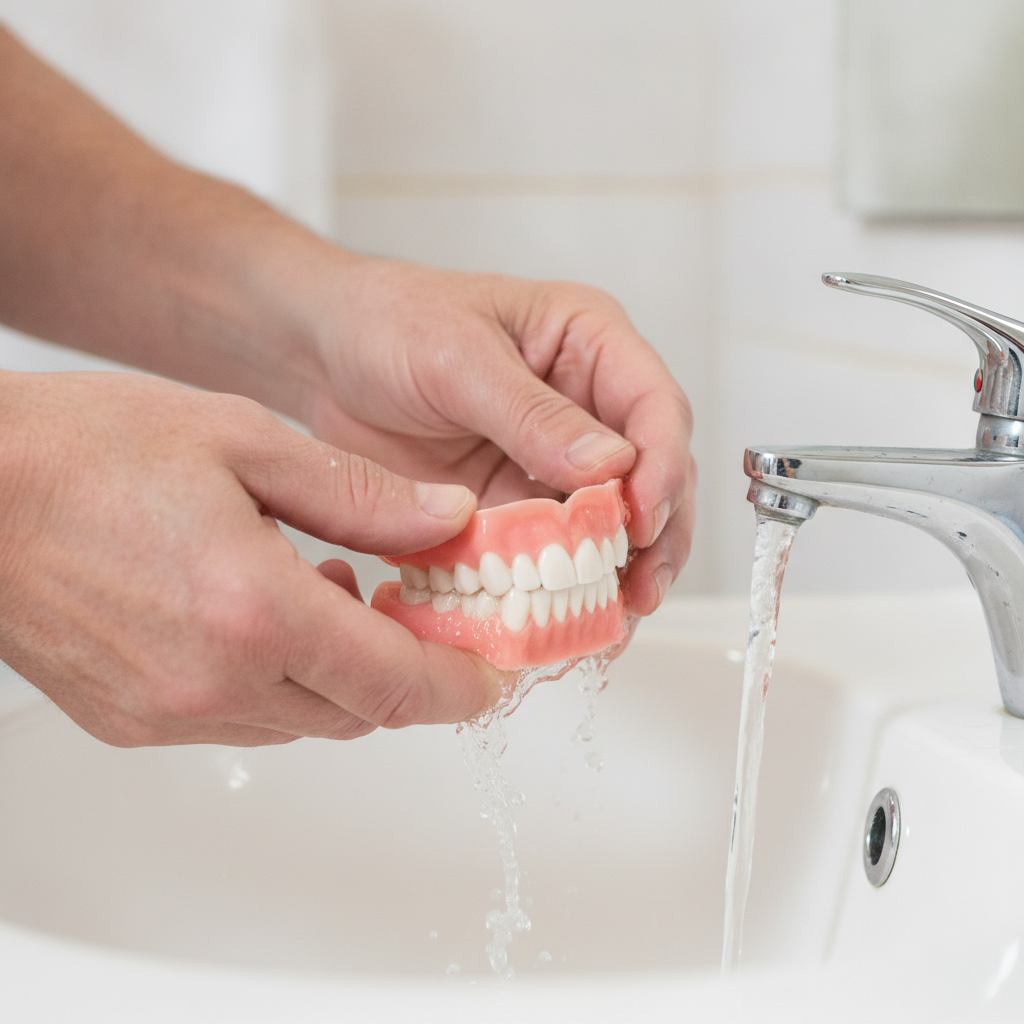 Mains rinçant une prothèse amovible sous l'eau tiède du robinet pour retirer les résidus alimentaires