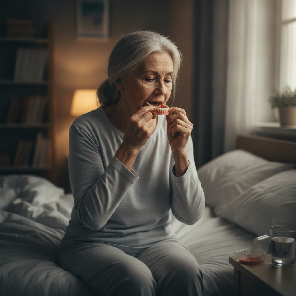 Femme âgée hésitant à dormir avec prothèse dentaire et la retirant avant le coucher pour reposer
