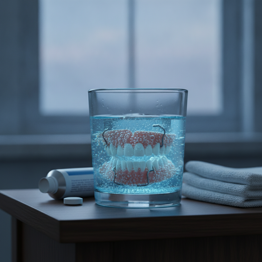 Prothèse dentaire qui trempe dans un verre de solution nettoyante durant la nuit sur une table de