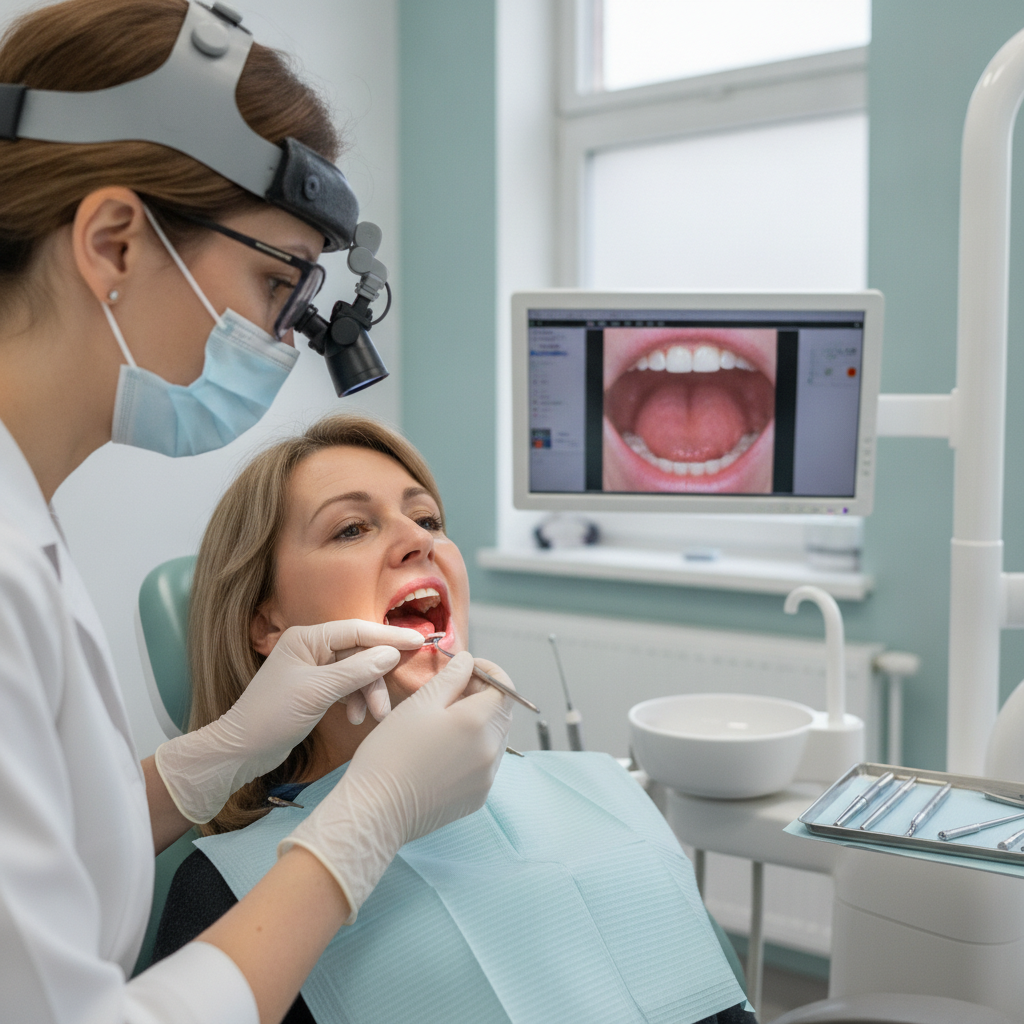 Denturologiste examinant les gencives d'une patiente pour détecter une irritation sous la prothèse