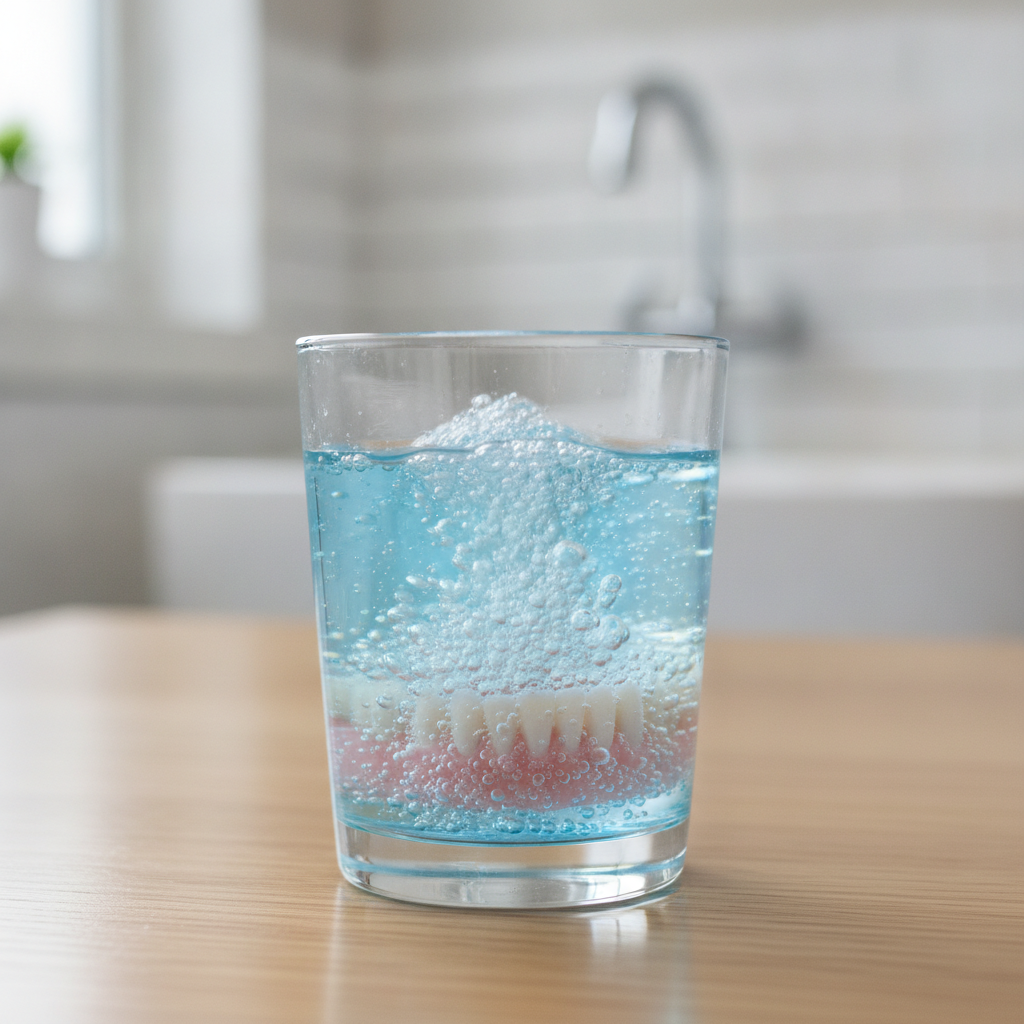 Produit nettoyage prothèse et pastilles nettoyantes déposés près d'un verre d'eau prêt pour le