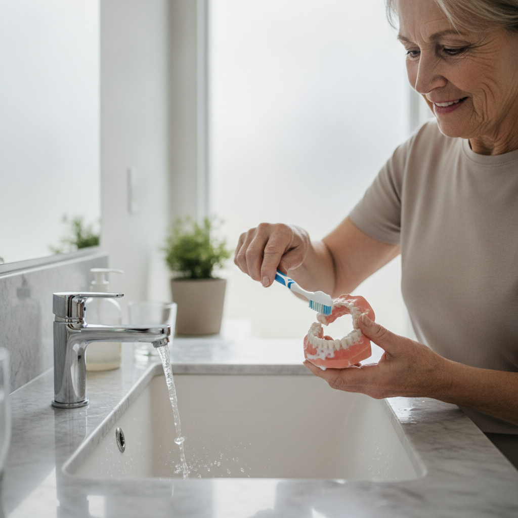 Brossage d'une prothèse dentaire avec une brosse à poils souples au-dessus d'un lavabo rempli d'eau