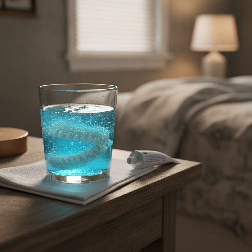 Prothèse dentaire qui trempe toute la nuit dans une solution nettoyante posée au bord du lavabo