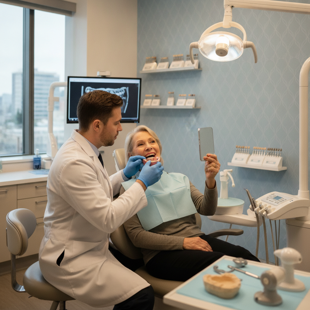 Prothèse dentaire sur mesure posée par un denturologiste lors d'un ajustement précis en clinique