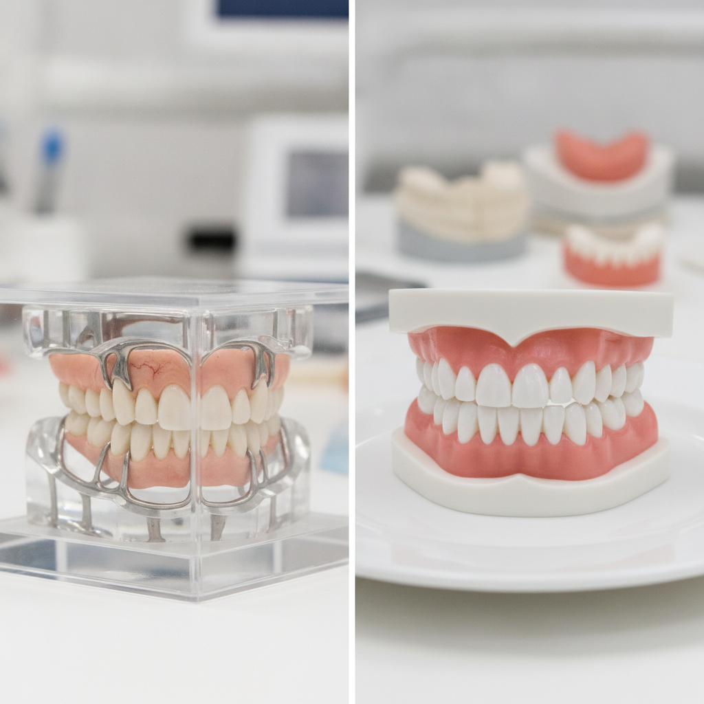 Comparaison entre une prothèse personnalisée et un dentier standard sur un plan de travail de laboratoire