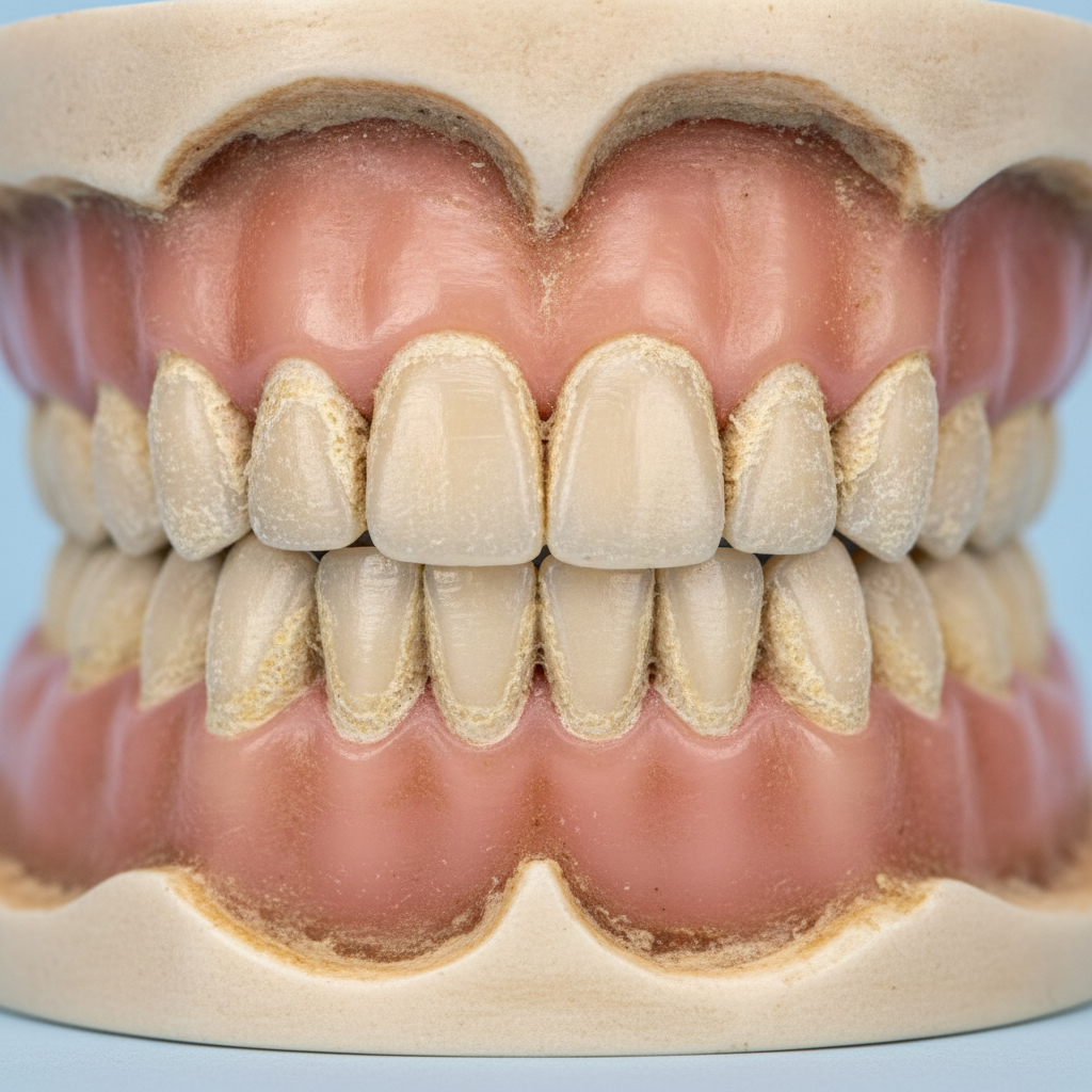 Gros plan d'un dentier montrant du tartre sur dentier et des taches brunes sur la base en résine