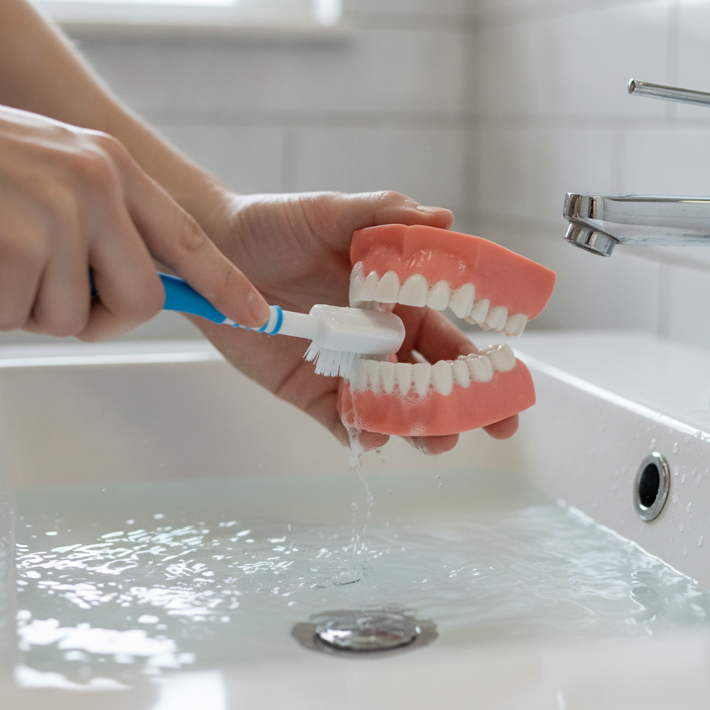 Mains nettoyant une prothèse dentaire avec une brosse souple au-dessus d'un lavabo rempli d'eau