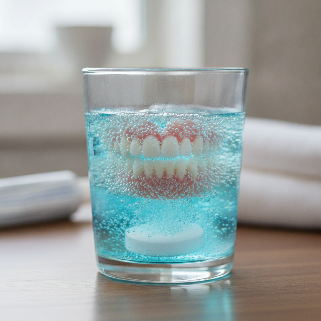 Prothèse dentaire qui trempe dans un verre d'eau avec une pastille nettoyante effervescente