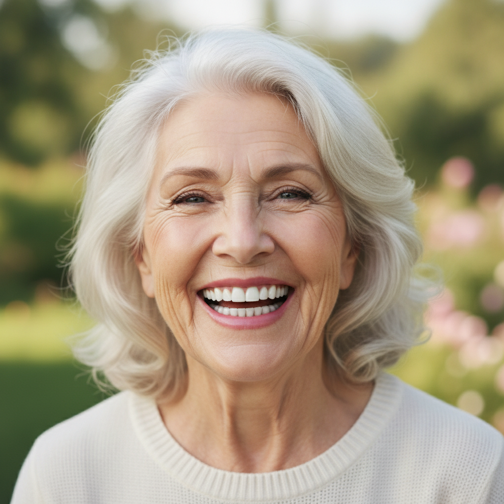Personne souriante qui vient de s'habituer prothèse dentaire complète après quelques semaines