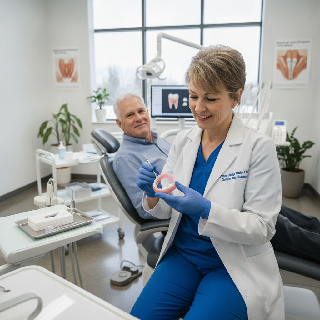 Denturologiste ajustant une prothèse partielle amovible pour réduire les points de pression sur les