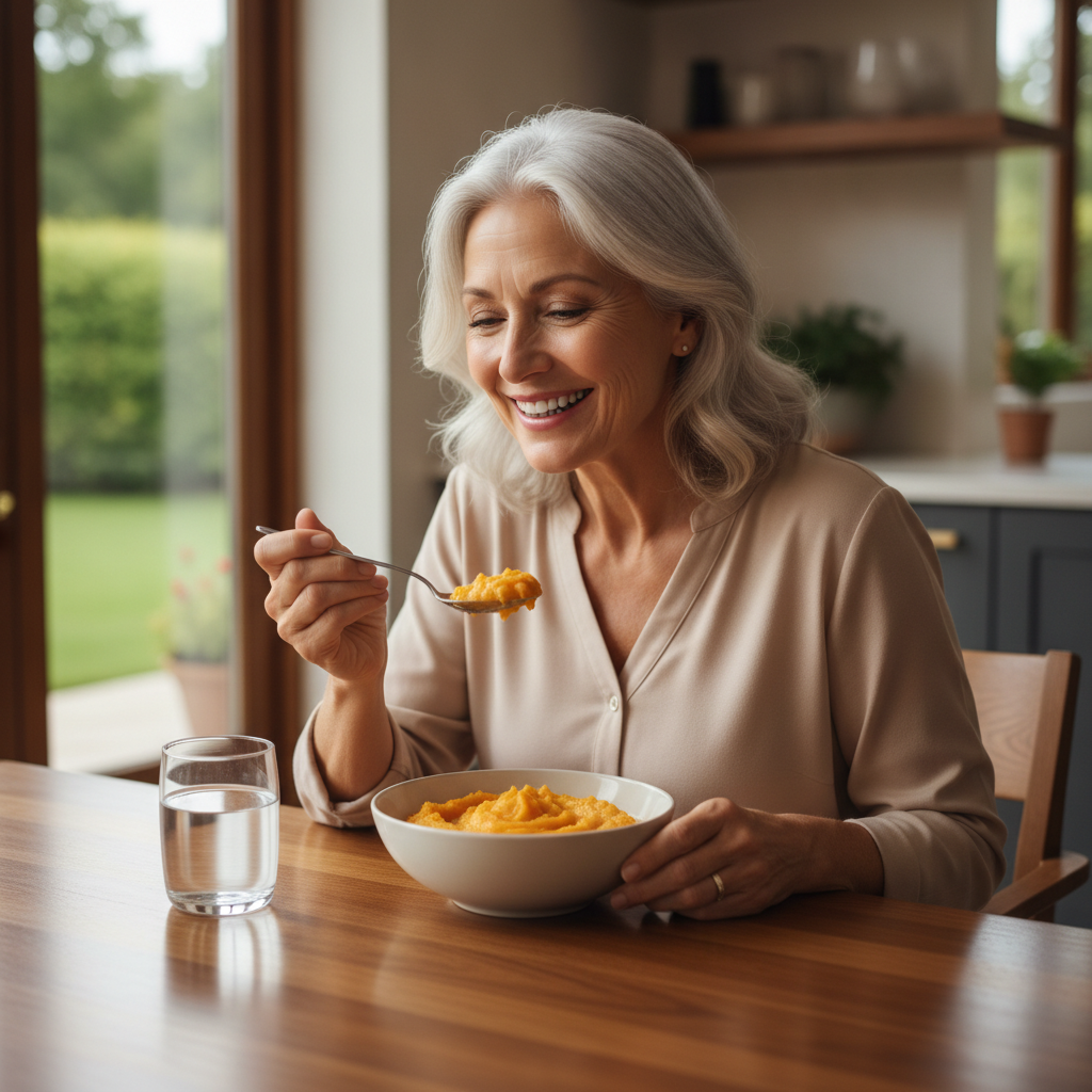 Assiette d'aliments mous recommandés pendant la période d'adaptation à un nouveau dentier