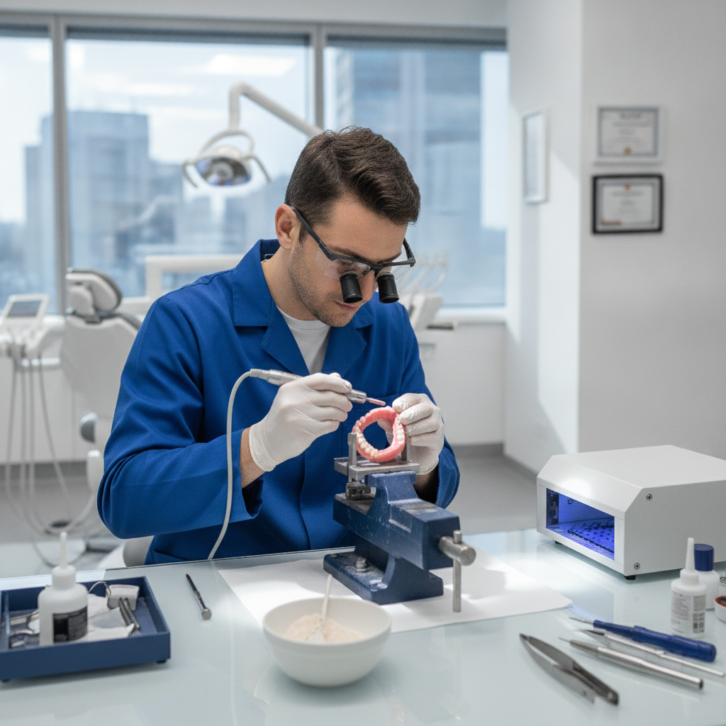 Denturologiste effectuant un regarnissage sur la base acrylique d'une prothèse en clinique