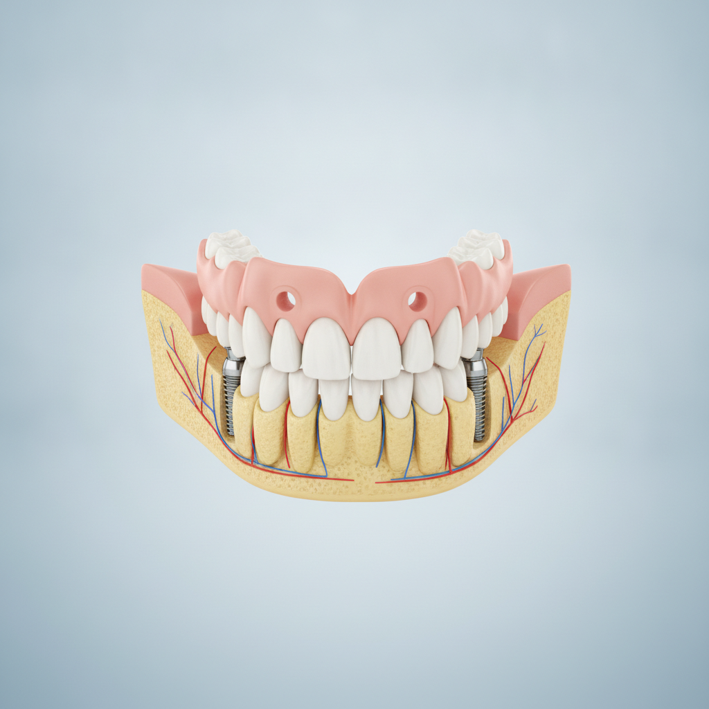 Schéma d'implants dentaires stabilisant un dentier instable sur la mâchoire inférieure