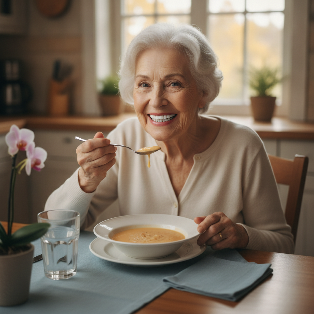 Personne qui apprend à manger avec un dentier en savourant un repas mou pendant les premiers jours