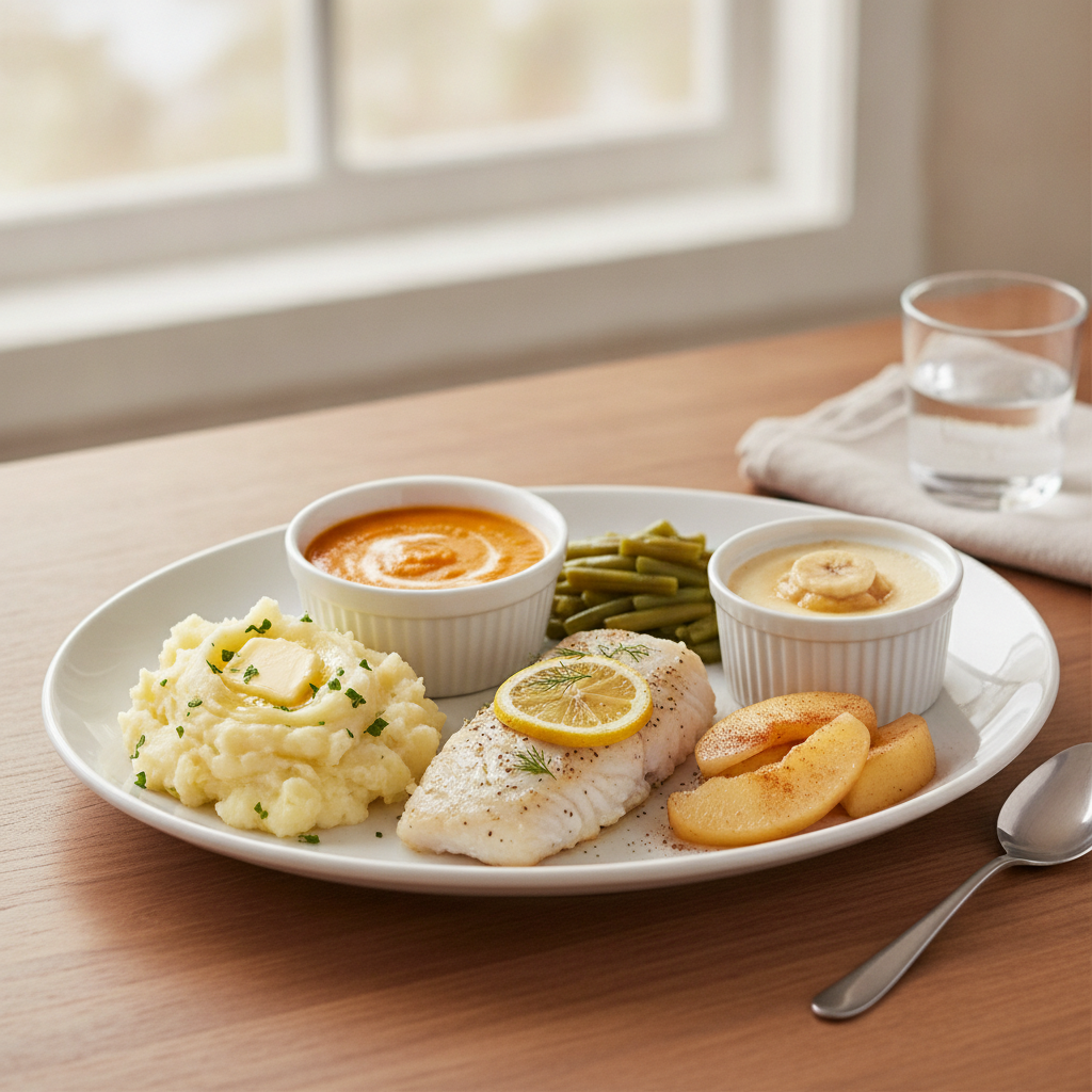 Assiette d'aliments mous comme poisson, œufs et légumes cuits recommandés aux nouveaux porteurs de