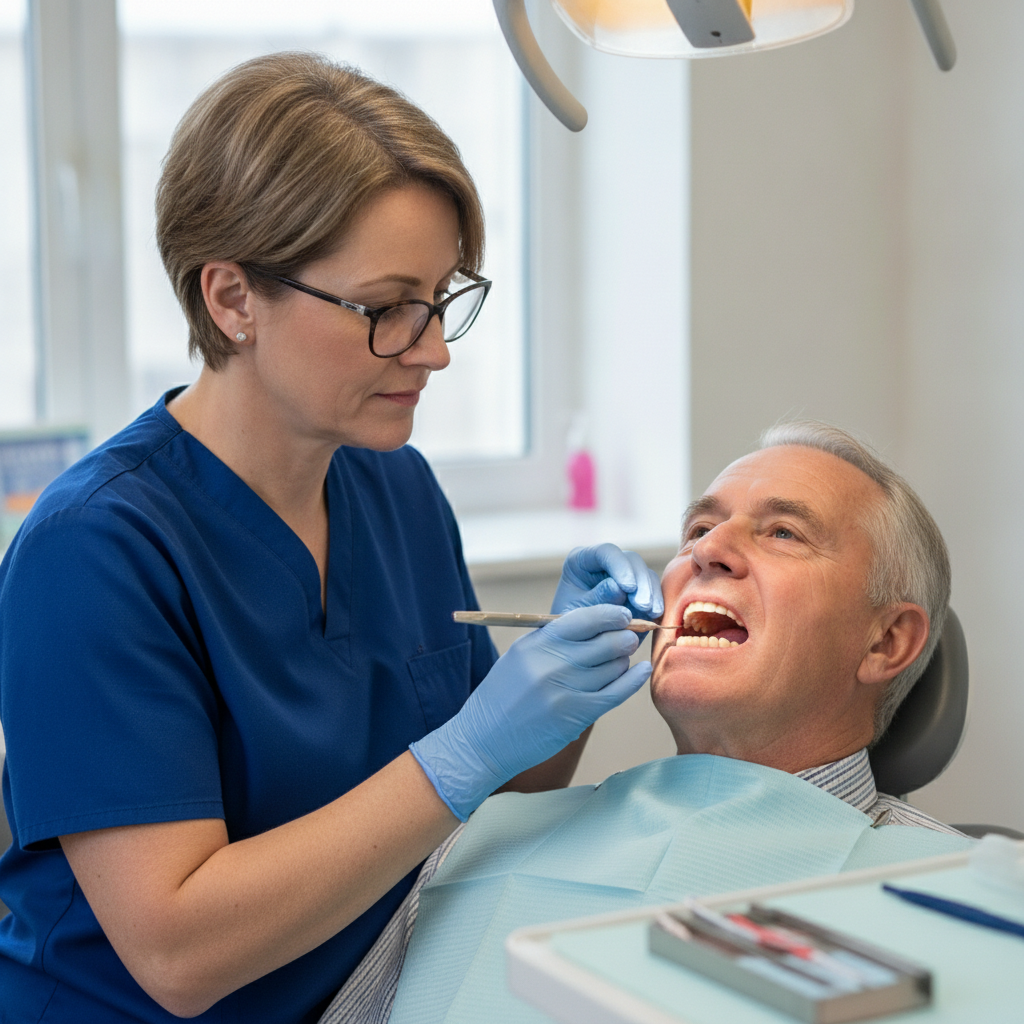 Denturologiste qui ajuste une prothèse dentaire amovible pour améliorer la mastication et le
