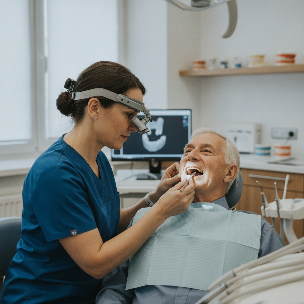 Denturologiste effectuant la vérification prothèse dentaire d'un patient lors d'un examen de