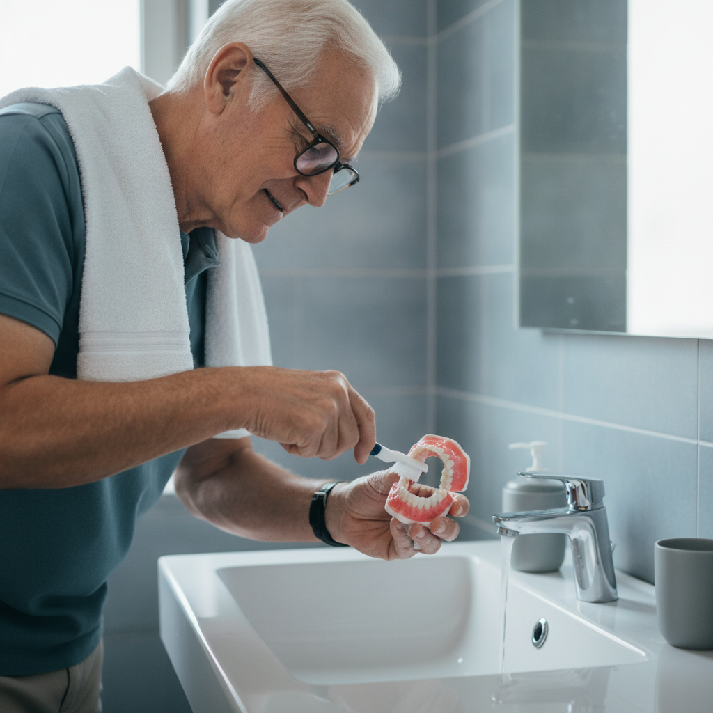Personne nettoyant sa prothèse dentaire amovible au-dessus d'un lavabo pour un bon entretien
