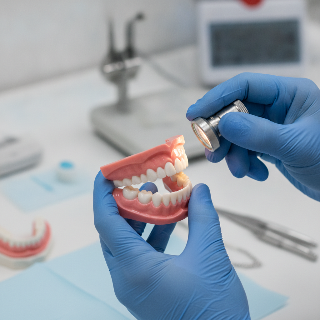 Gros plan sur une prothèse dentaire inspectée par les mains d'un denturologiste en clinique