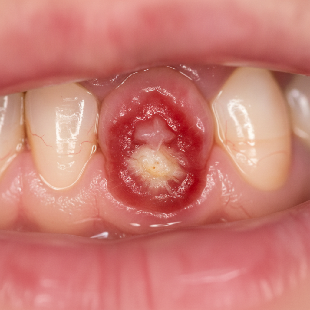 Blessure sous prothèse visible sur la gencive inférieure d'un porteur de dentier