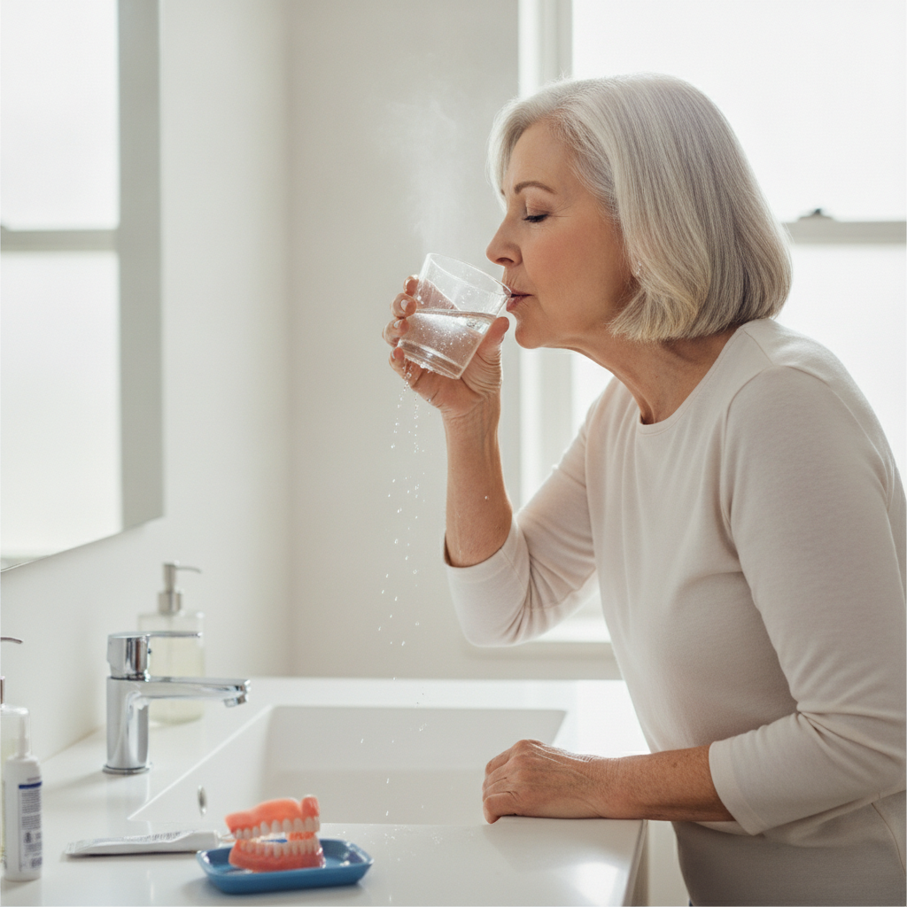 Rinçage à l'eau salée tiède pour soulager l'irritation des gencives causée par un dentier