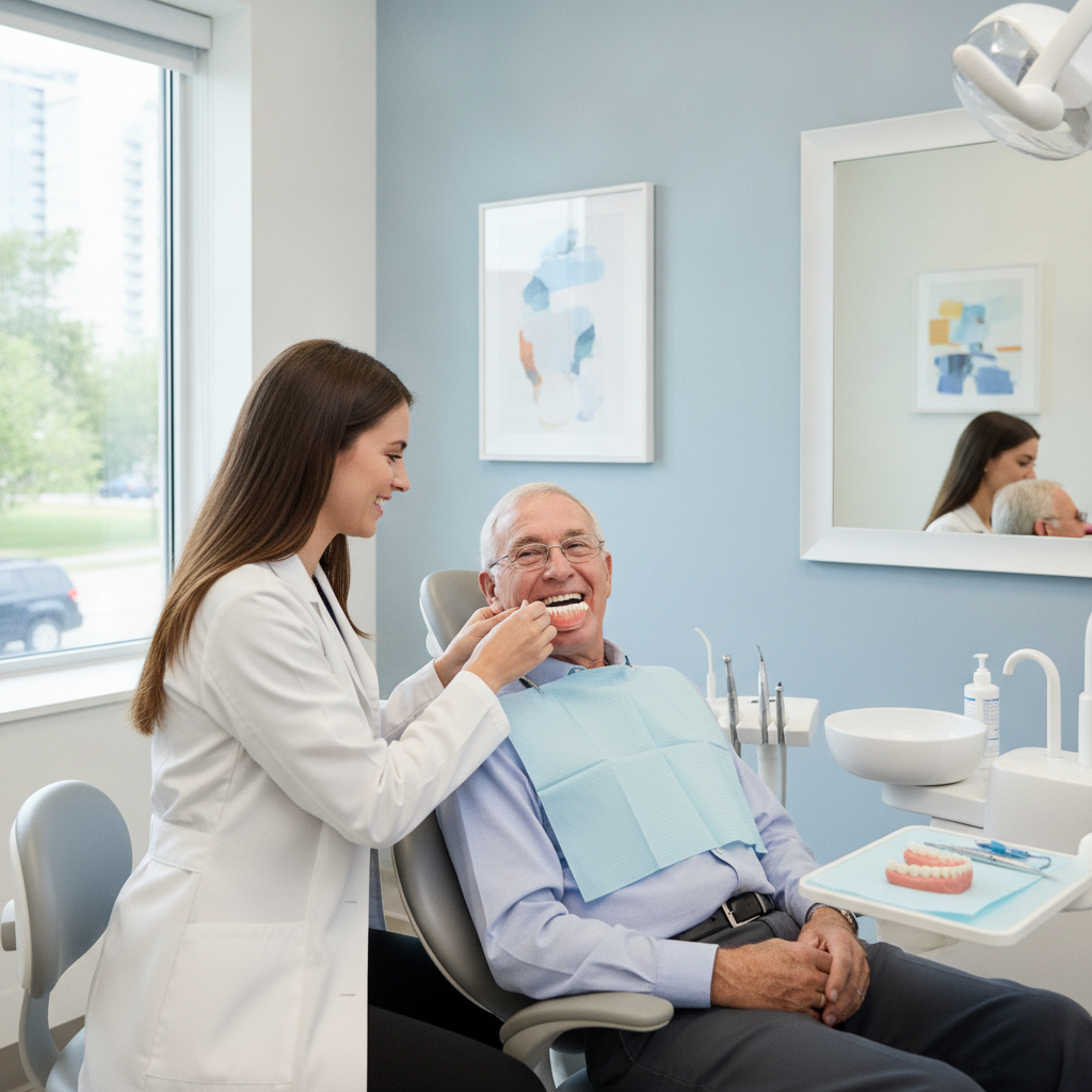 Patient qui vit sa première semaine prothèse dentaire lors d'un rendez-vous de suivi chez le