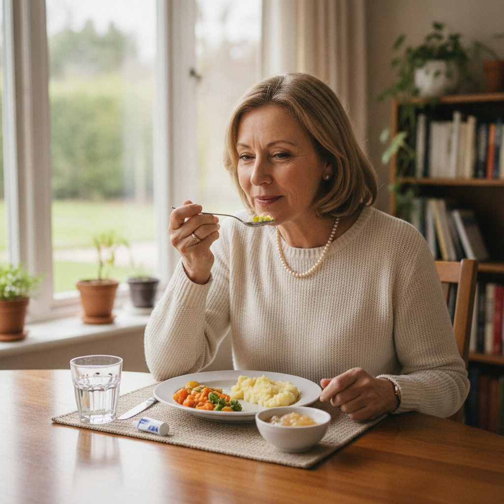 Personne qui mange des aliments mous pour faciliter l'adaptation à un nouveau dentier