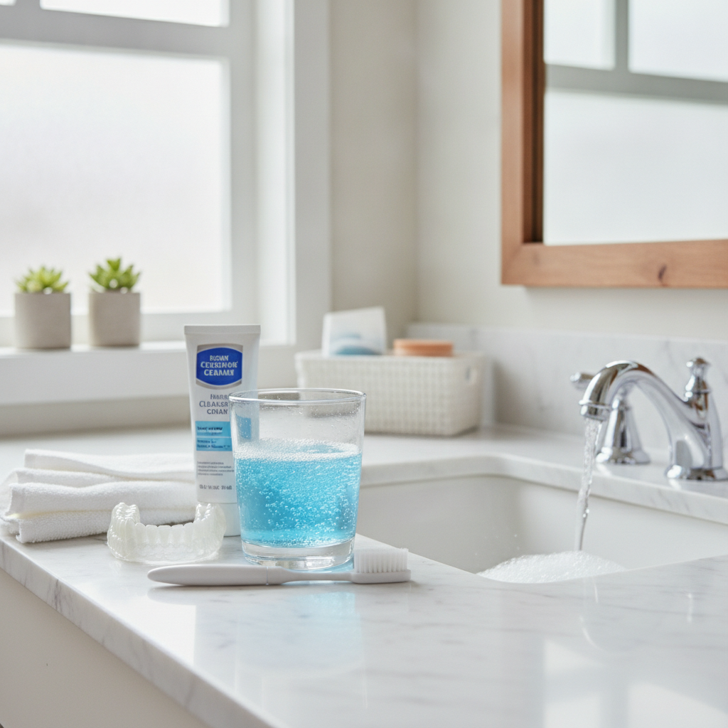 Nettoyage quotidien d'une prothèse dentaire au-dessus d'un lavabo rempli d'eau