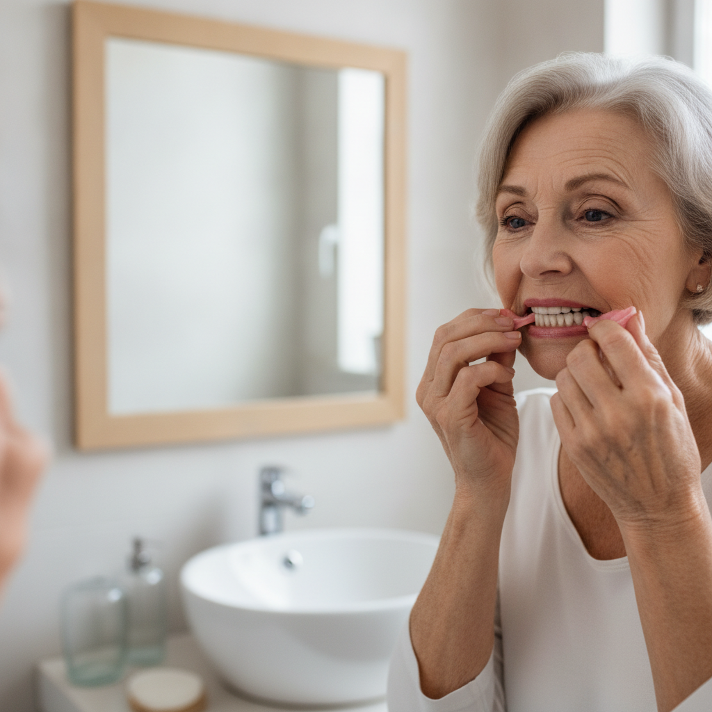 Femme ajustant son dentier devant un miroir pour limiter le réflexe nauséeux dentier dès l'insertion